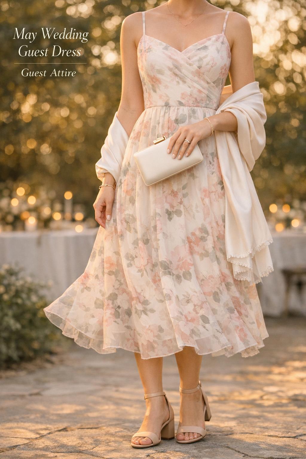 May wedding guest dress on cropped model in golden-hour garden, pastel floral chiffon midi with satin wrap and block heels
