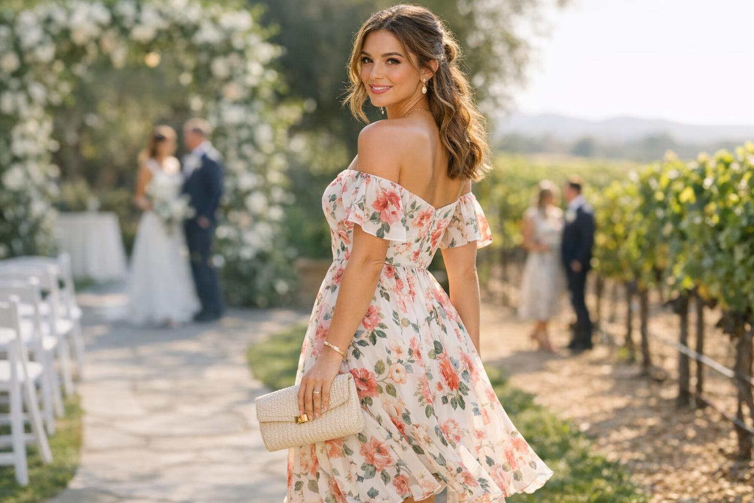 Floral wedding guest dress styled for a modern garden-to-vineyard celebration with elegant accessories