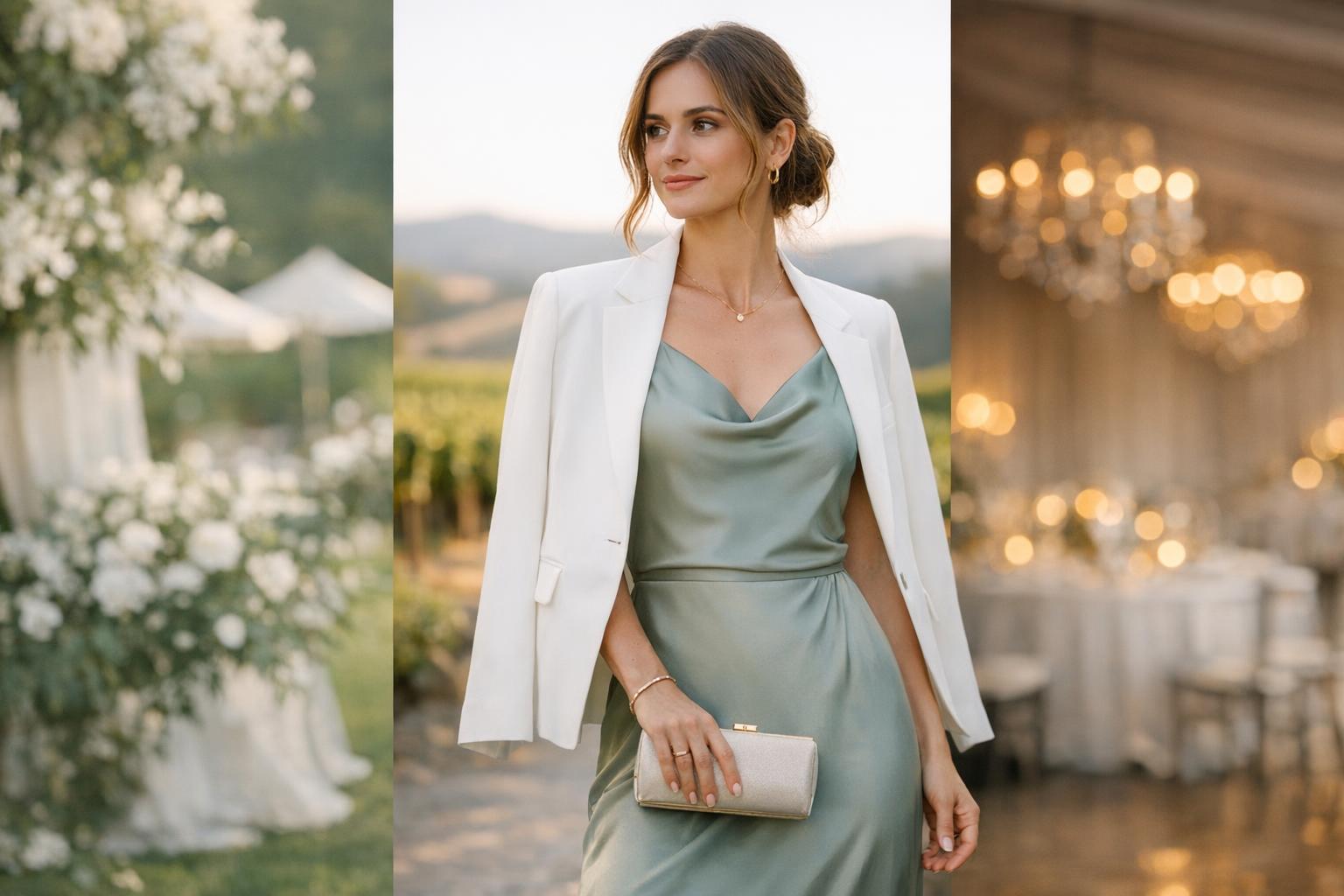 Modern romantic wedding dress for guest in a sleek satin maxi, photographed at an elegant candlelit reception venue