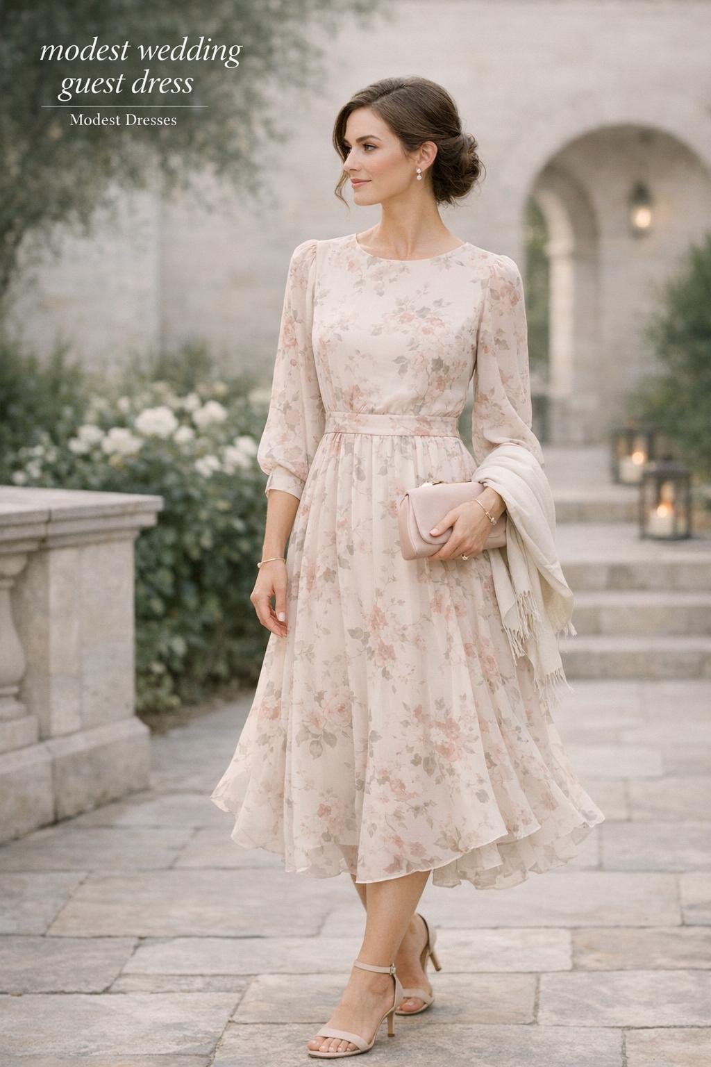 Elegant woman in a modest wedding guest dress at a refined garden wedding venue