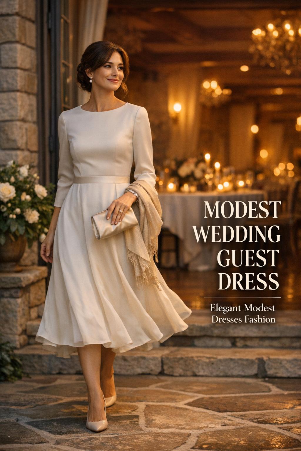 Modest wedding guest dress in a romantic luxury venue with elegant movement and soft candlelit ambiance