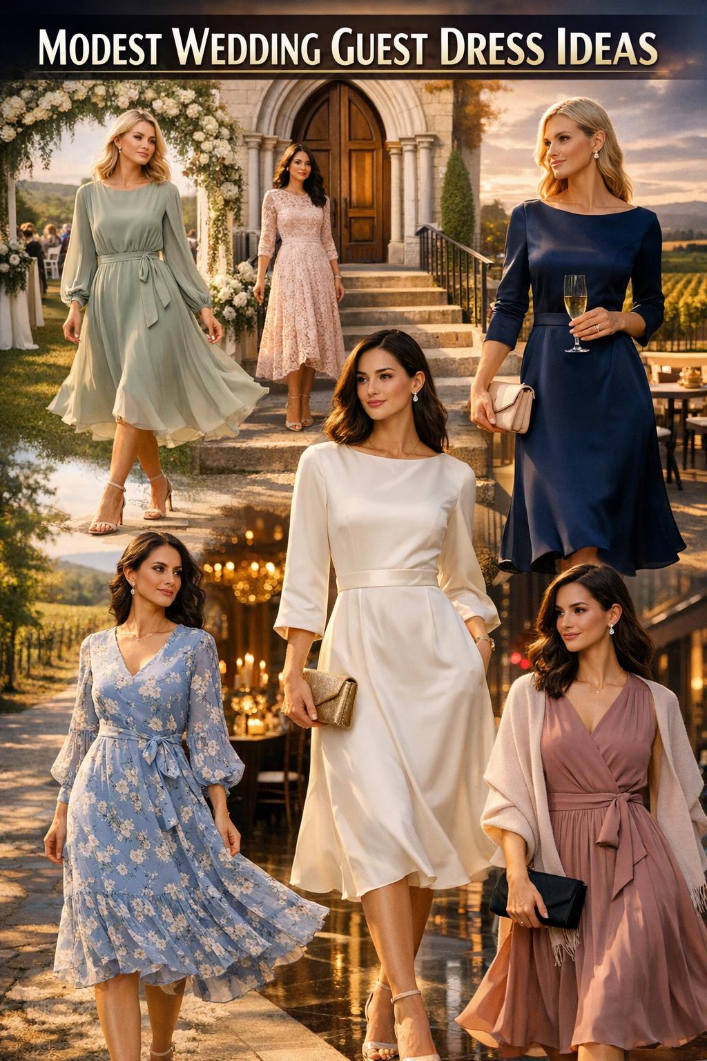 Modest wedding guest dress in an elegant full-length silhouette for a refined formal celebration.