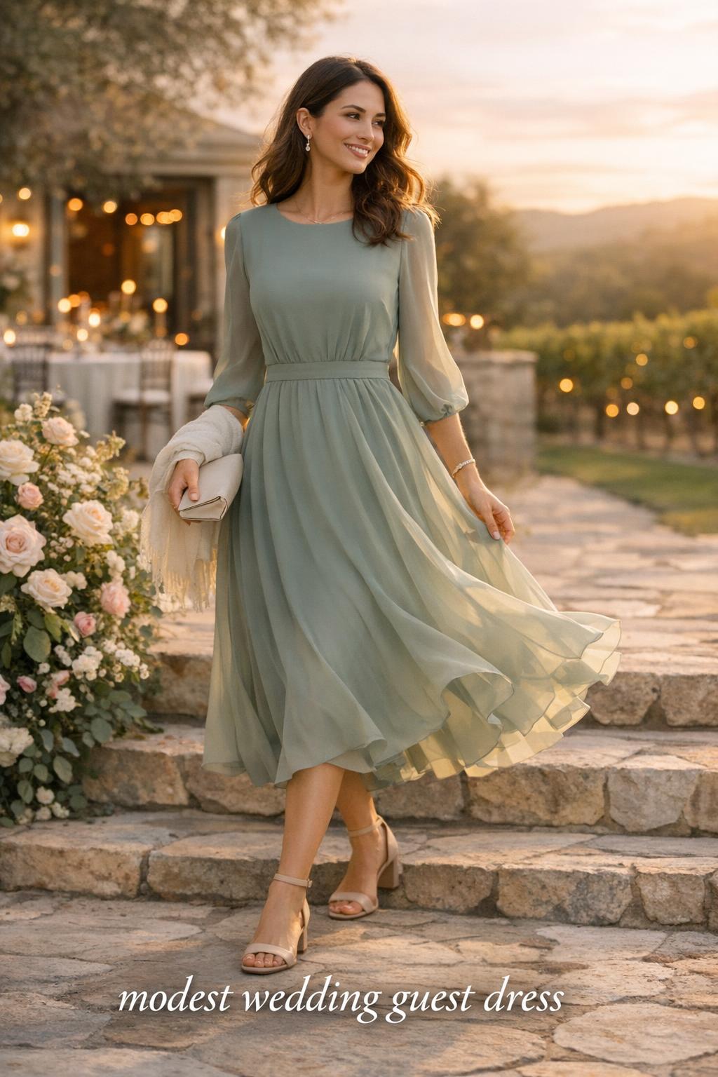 Modest wedding guest dress in golden hour at an elegant garden wedding venue