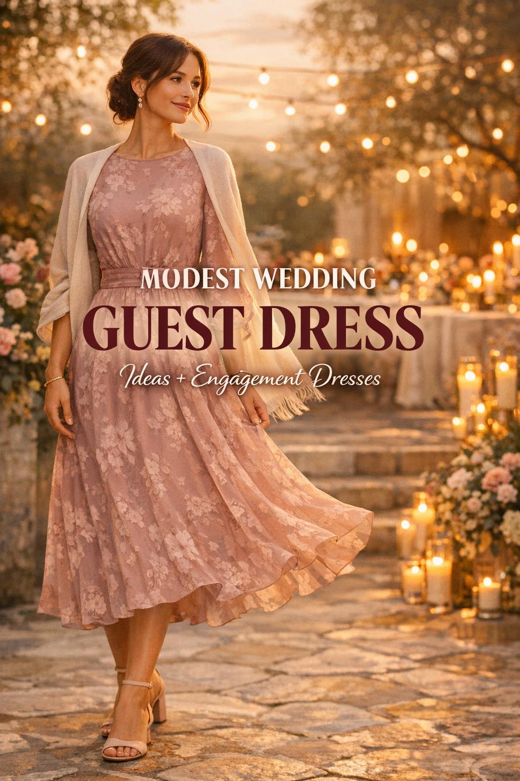 Elegant woman in a modest wedding guest dress at a romantic garden ballroom venue with warm golden-hour light