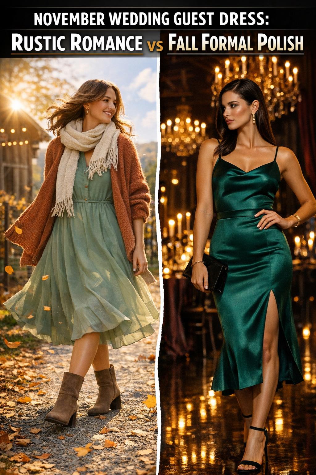 Elegant november wedding guest dress in soft autumn tones, photographed in natural light