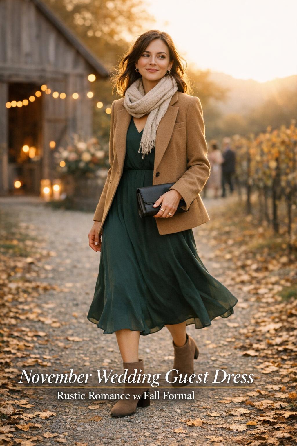 November wedding guest dress in rustic barn vineyard setting, woman in aubergine midi dress and camel coat at golden hour