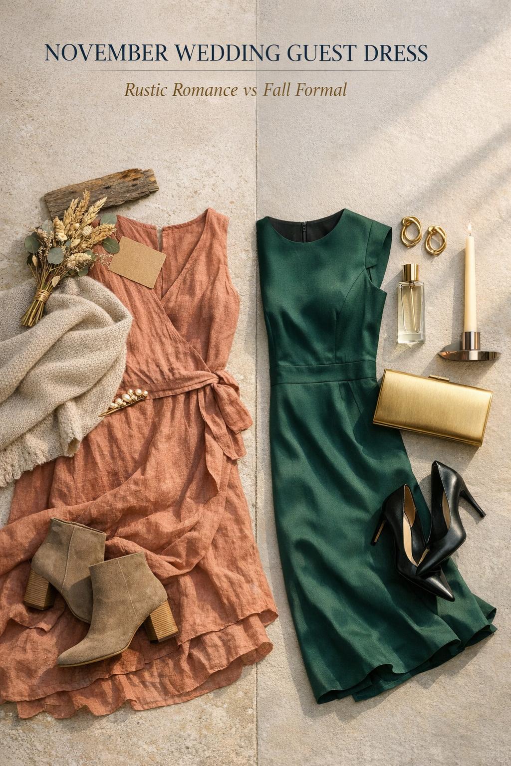 November wedding guest dress flat lay with rustic romance and fall formal outfits on neutral stone in soft daylight