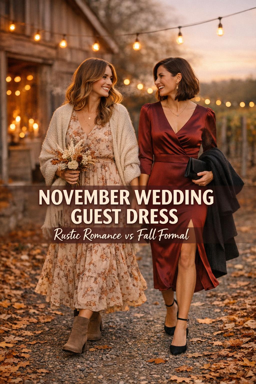 November wedding guest dress styles on two guests at a late-fall barn venue with string lights and golden-hour warmth