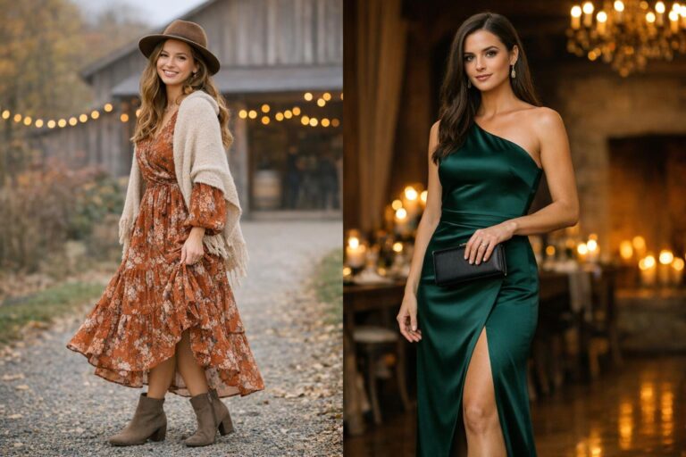 November wedding guest dress in deep burgundy with long sleeves, styled with gold earrings and a tailored coat