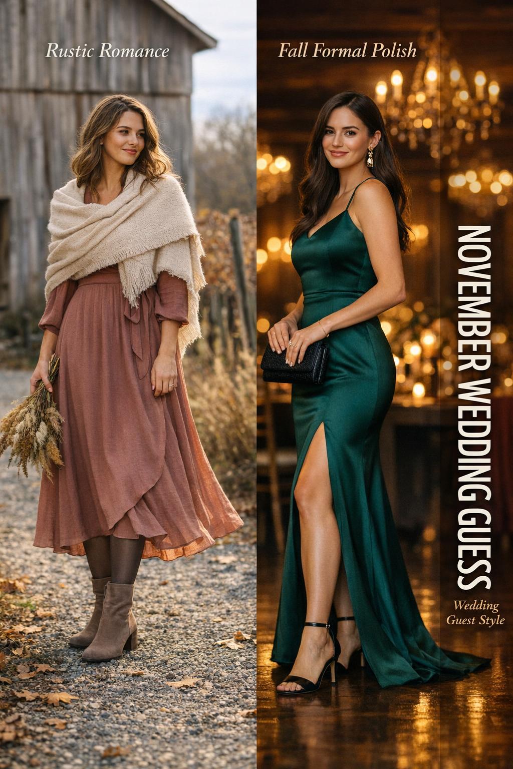 Diptych photo of two women in a november wedding guest dress, rustic barn daylight look and candlelit fall formal evening look.