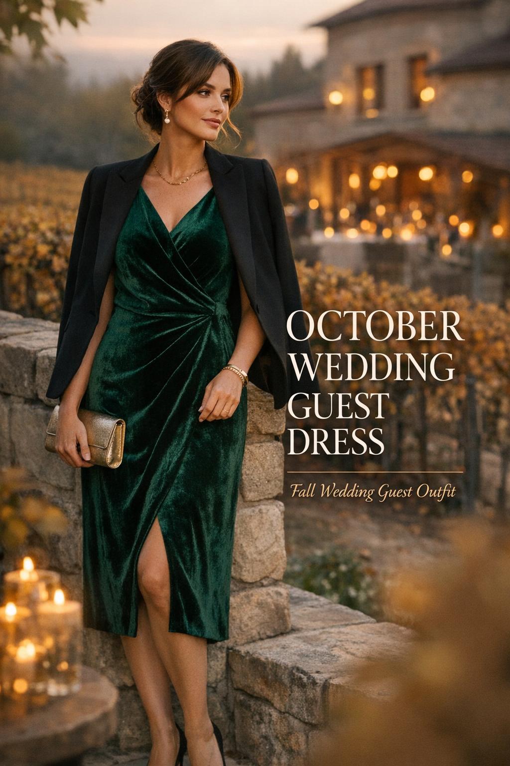 October wedding guest dress in emerald velvet at a vineyard estate during golden hour reception