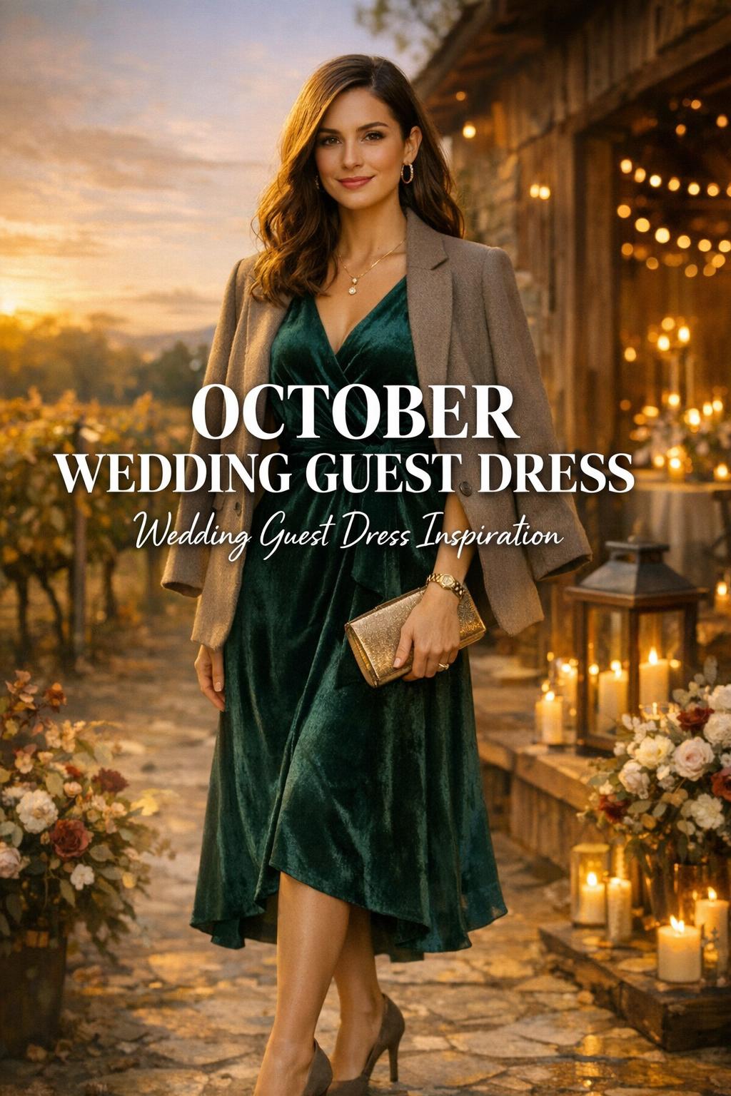 Stylish woman in an october wedding guest dress at golden hour in a romantic vineyard wedding setting