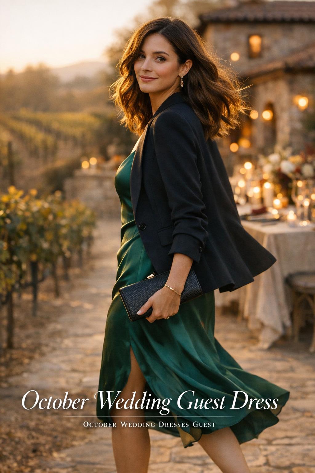 Stylish woman in an october wedding guest dress at a golden-hour vineyard wedding reception
