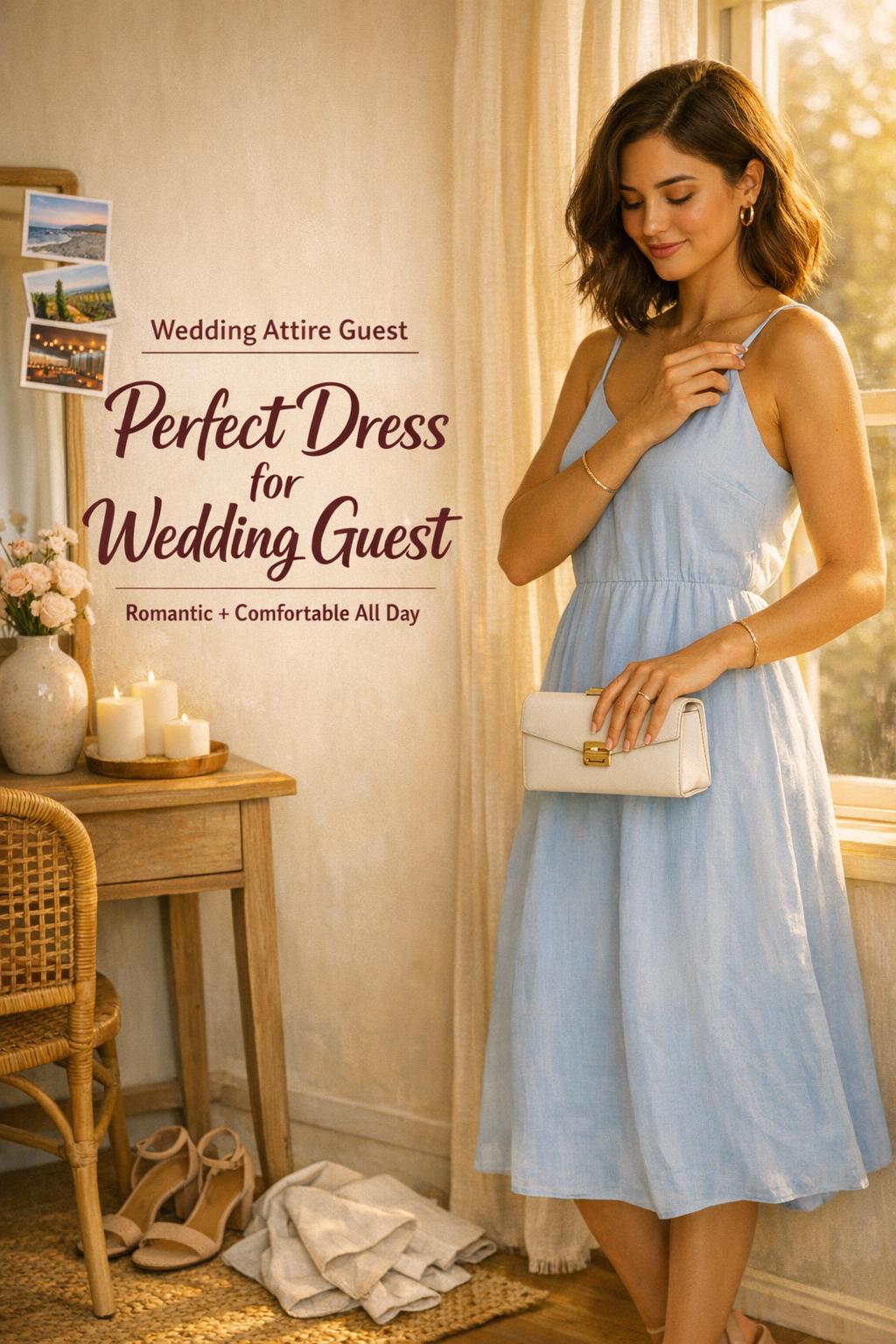 Perfect dress for wedding guest as a stylish woman adjusts a pastel midi dress with clutch in warm golden-hour light