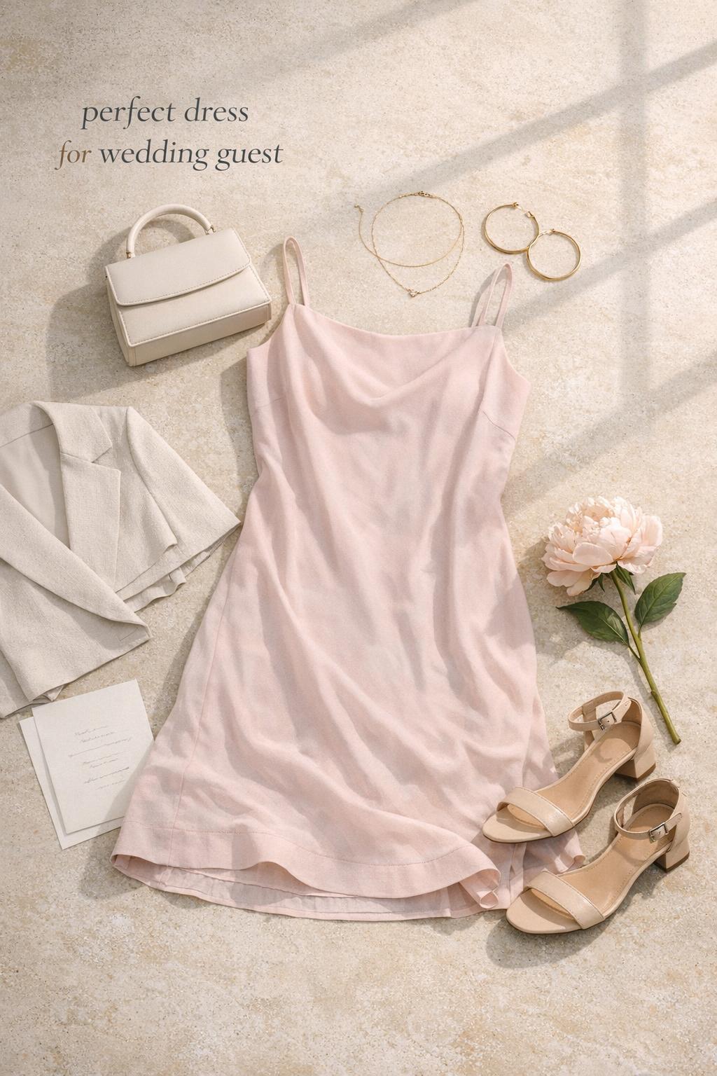 Perfect dress for wedding guest flat lay with pastel midi dress, ivory clutch, gold jewelry, nude sandals and peony on stone