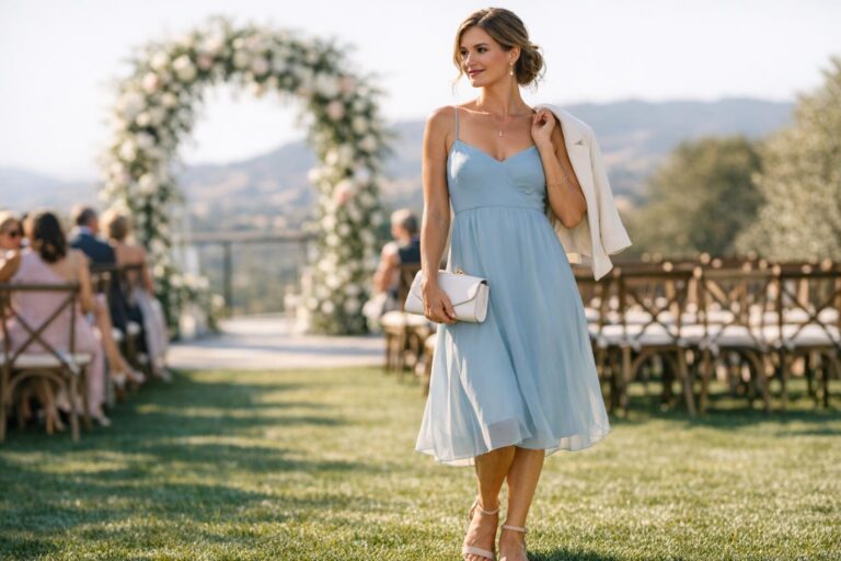 Perfect dress for wedding guest in a pastel midi style, photographed outdoors with elegant accessories for a summer wedding