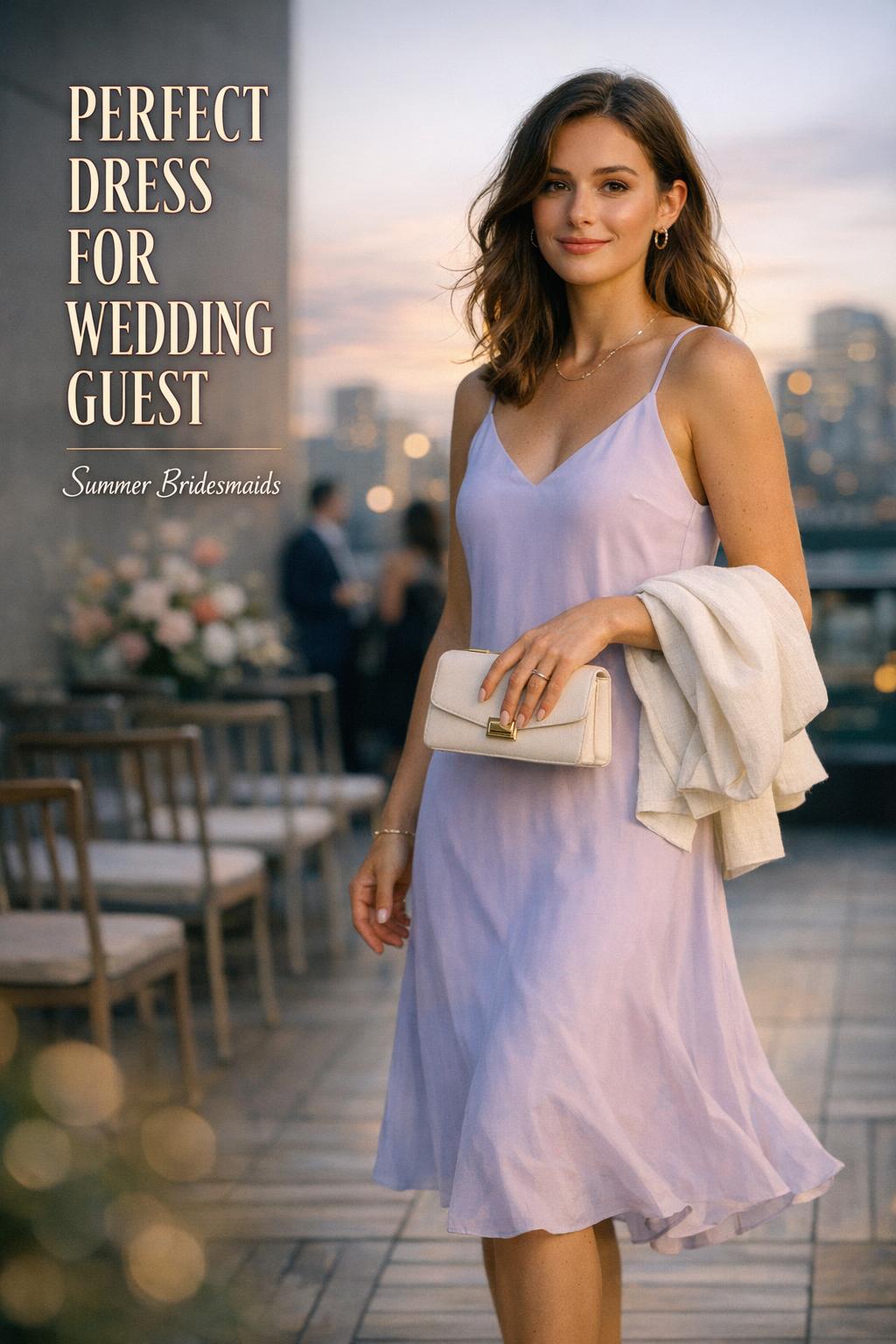 Perfect dress for wedding guest styling guide on a rooftop at golden hour, woman in pastel midi dress with clutch