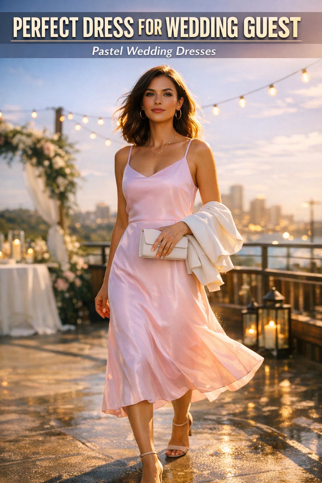 Perfect dress for wedding guest hanging on a rack in a bright bridal boutique