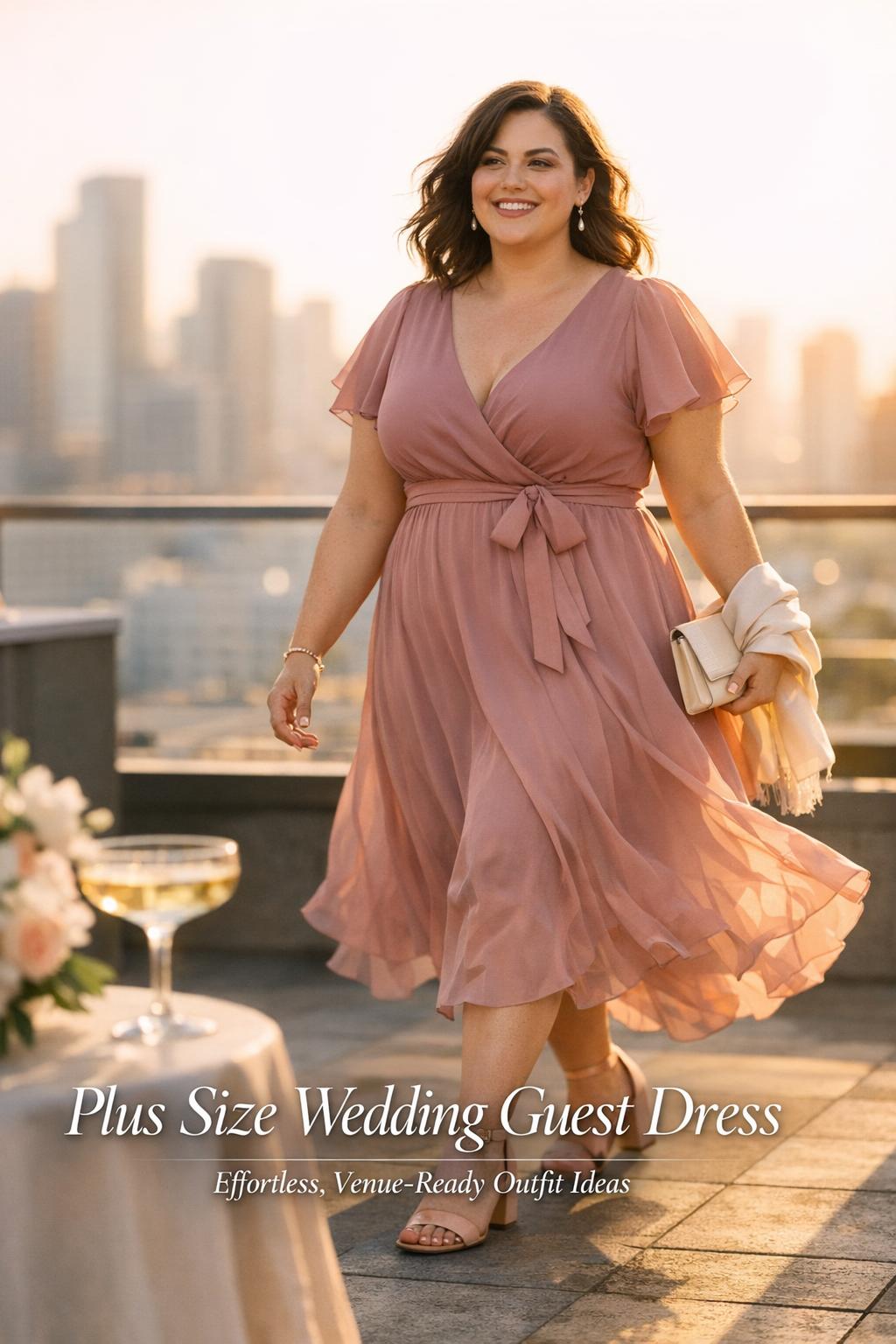 Plus size wedding guest dress in dusty rose chiffon wrap maxi at a golden-hour rooftop cocktail hour, modern city skyline