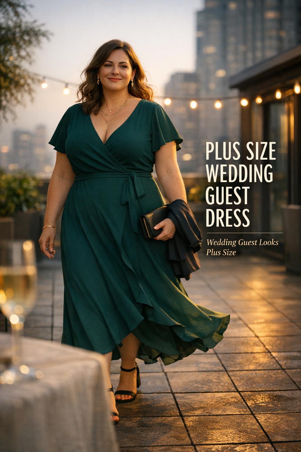 Plus size wedding guest dress in emerald wrap maxi on rooftop at golden hour, confident woman arriving for cocktails