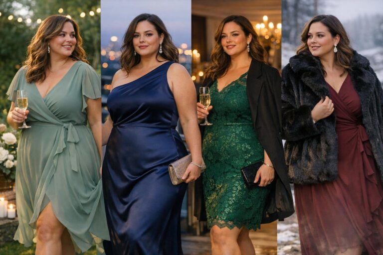 Plus size wedding guest dress in flowing chiffon, styled for travel, dancing, and flattering wedding photos