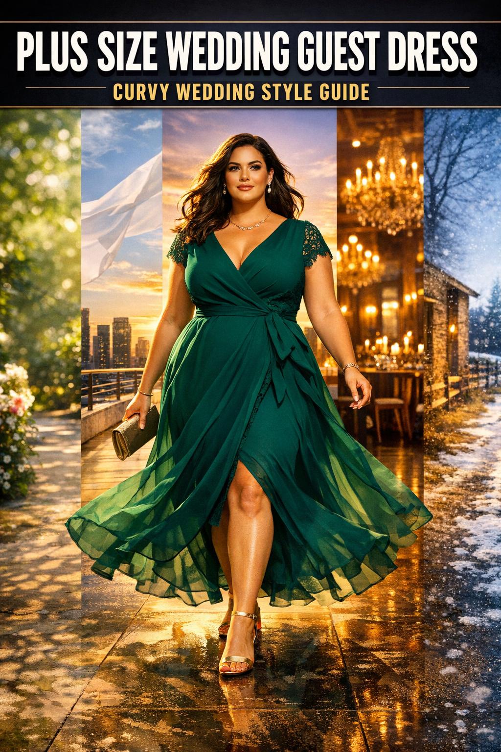 Plus size wedding guest dress in a flattering elegant style for a formal celebration