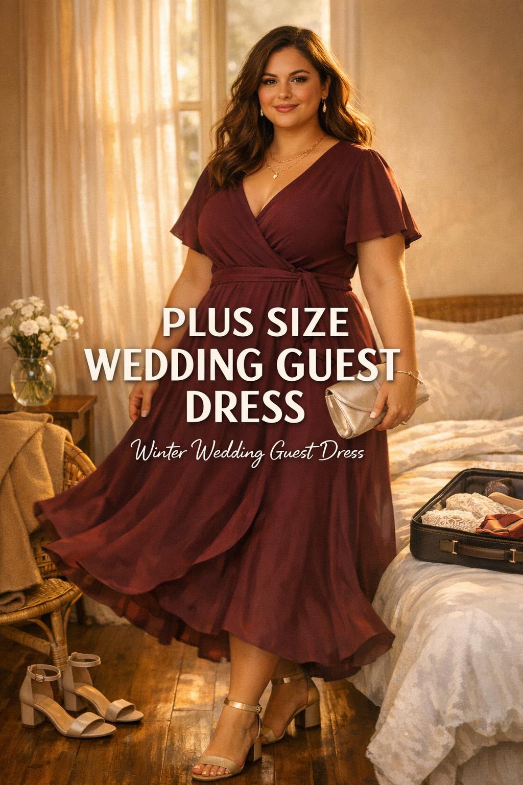 Plus size wedding guest dress styling with a woman packing a wrap maxi dress for a winter wedding in warm golden-hour light