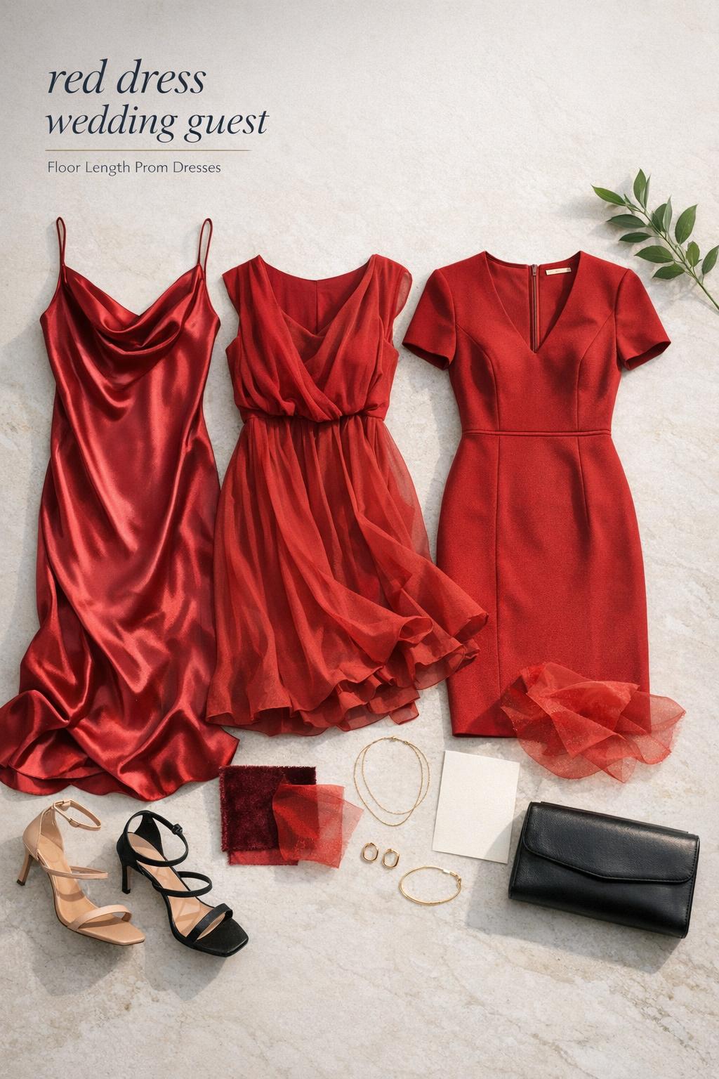 Red dress wedding guest flat lay with elegant red dresses, heels, clutch, and gold jewelry on marble tabletop in soft daylight.