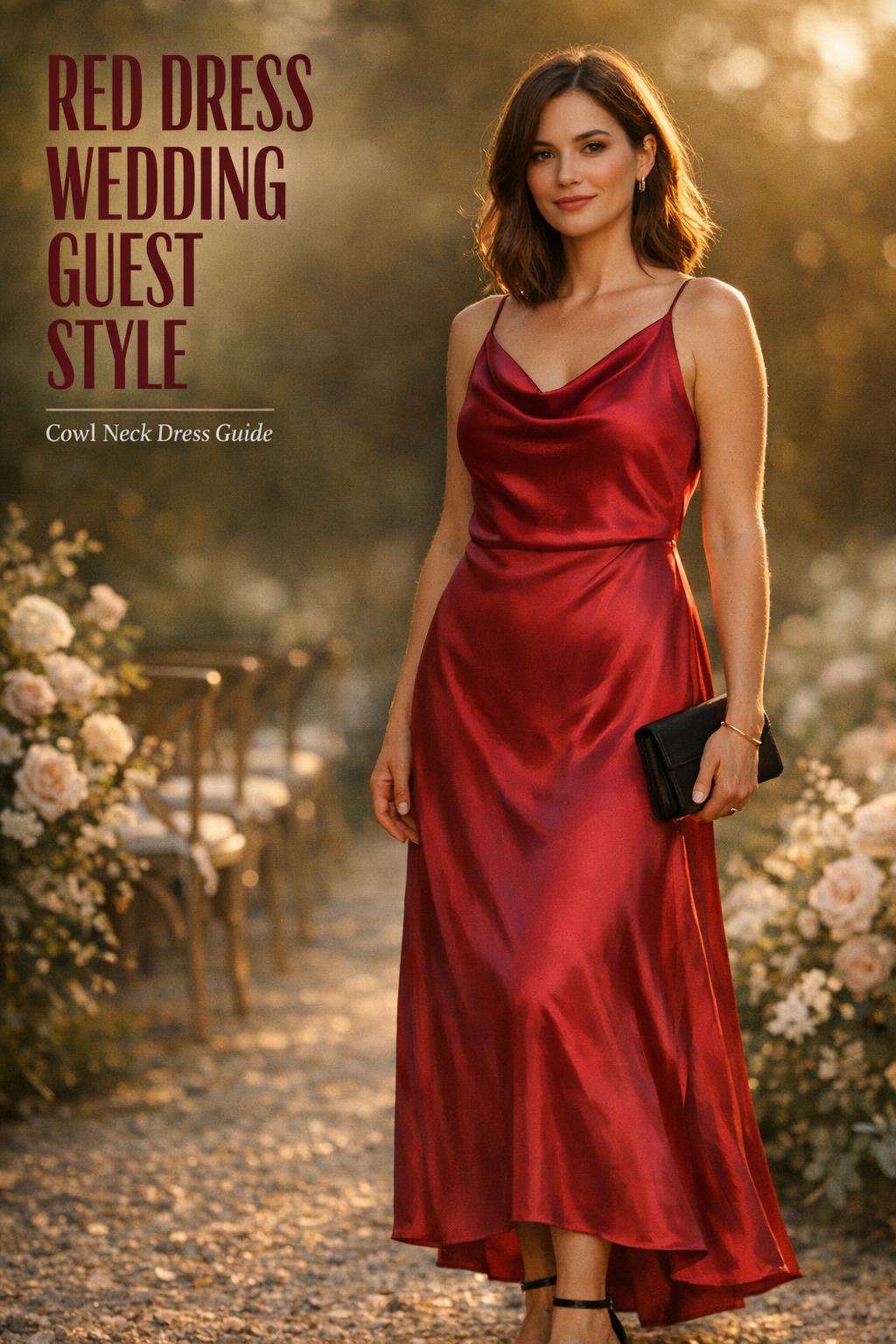 Red dress wedding guest style in a sunlit garden aisle, woman in ruby satin cowl neck maxi dress with elegant bokeh
