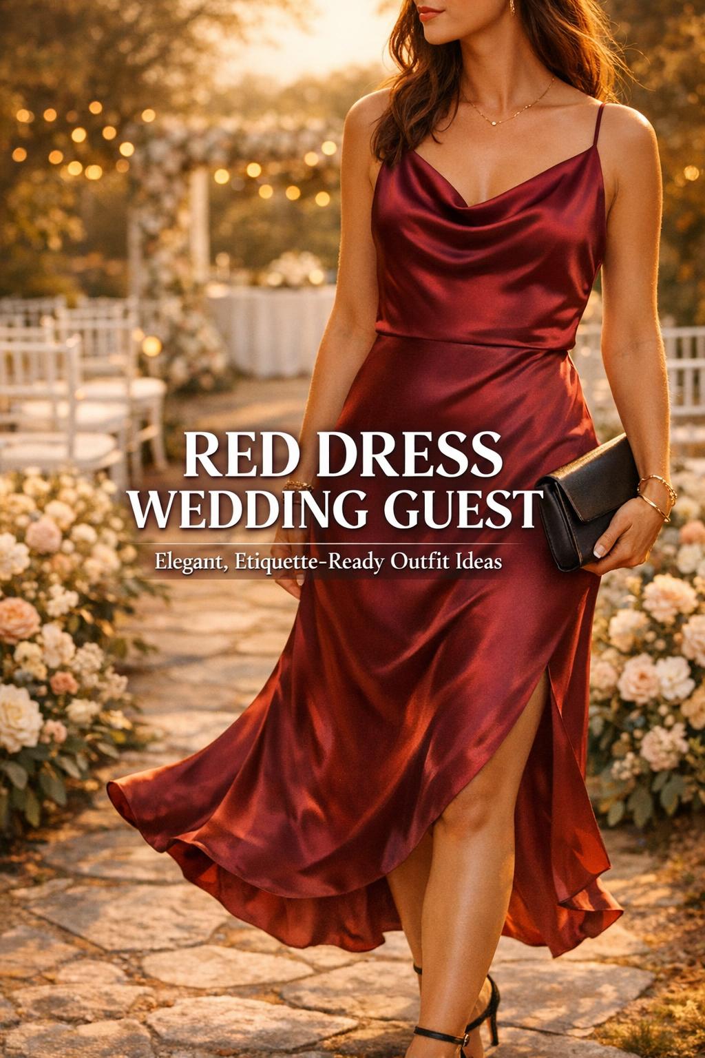 Red dress wedding guest in ruby satin maxi dress on a sunlit garden wedding aisle with warm golden-hour light