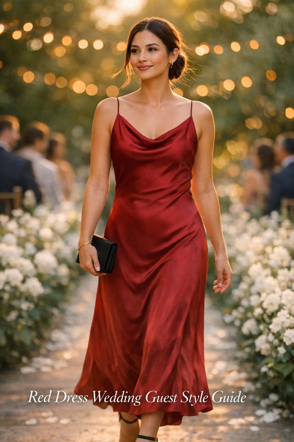 Red dress wedding guest in a ruby satin maxi walking at a golden hour garden wedding with soft bokeh lights