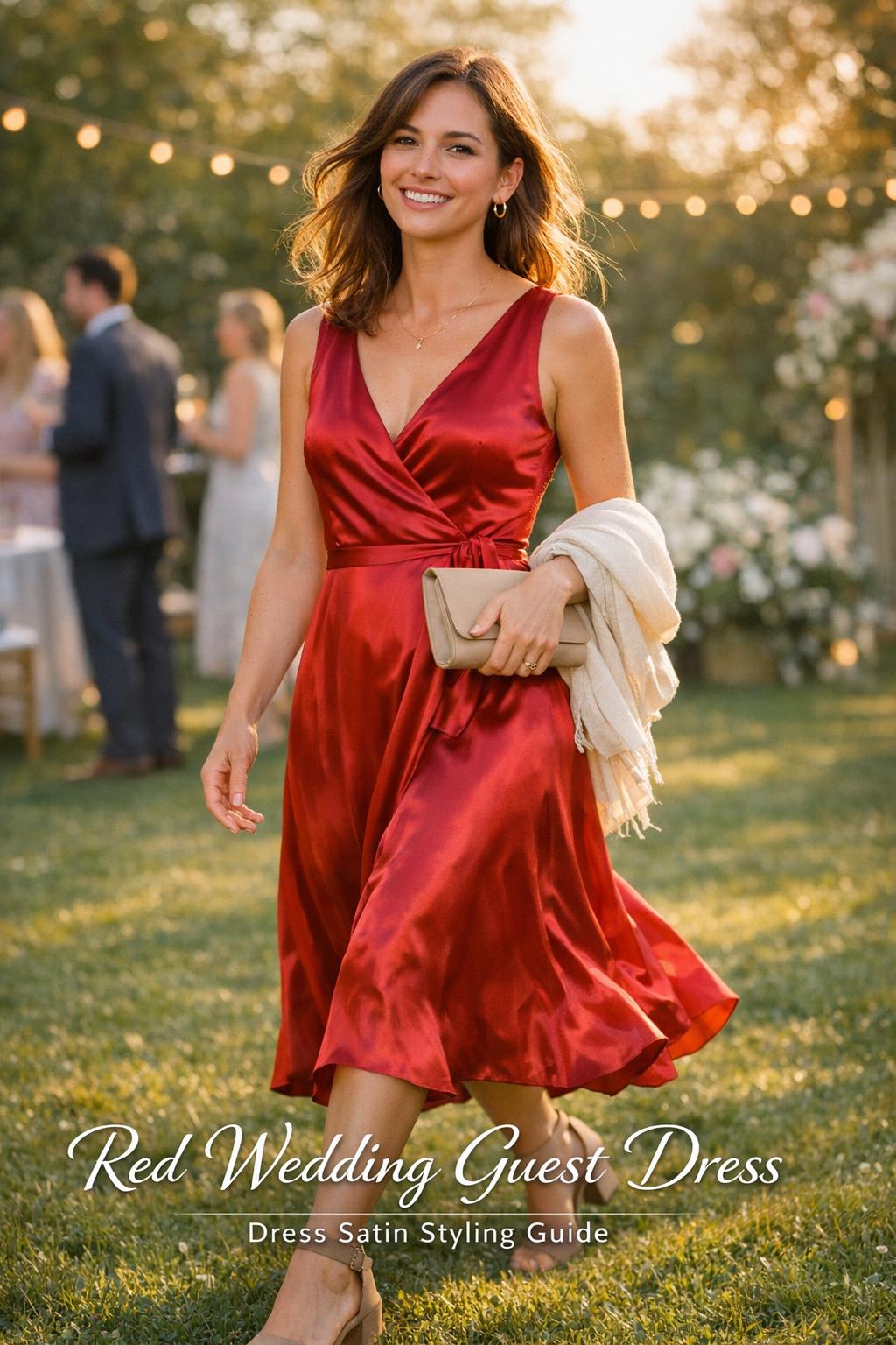 Red wedding guest dress in ruby satin on a stylish woman walking at an outdoor golden hour garden wedding