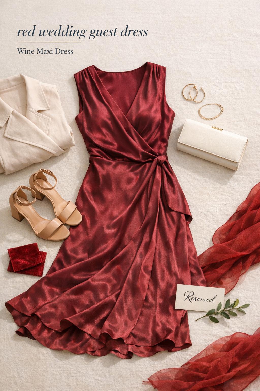 Red wedding guest dress flatlay featuring a wine maxi dress with nude heels, clutch, and minimalist accessories in soft natural light