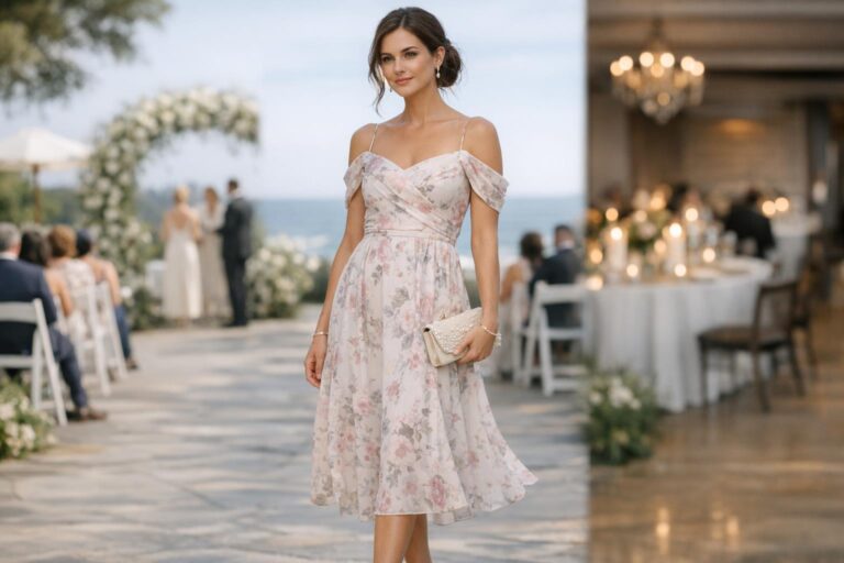 Wedding guest dress ideas with a romantic floral midi dress for a garden venue