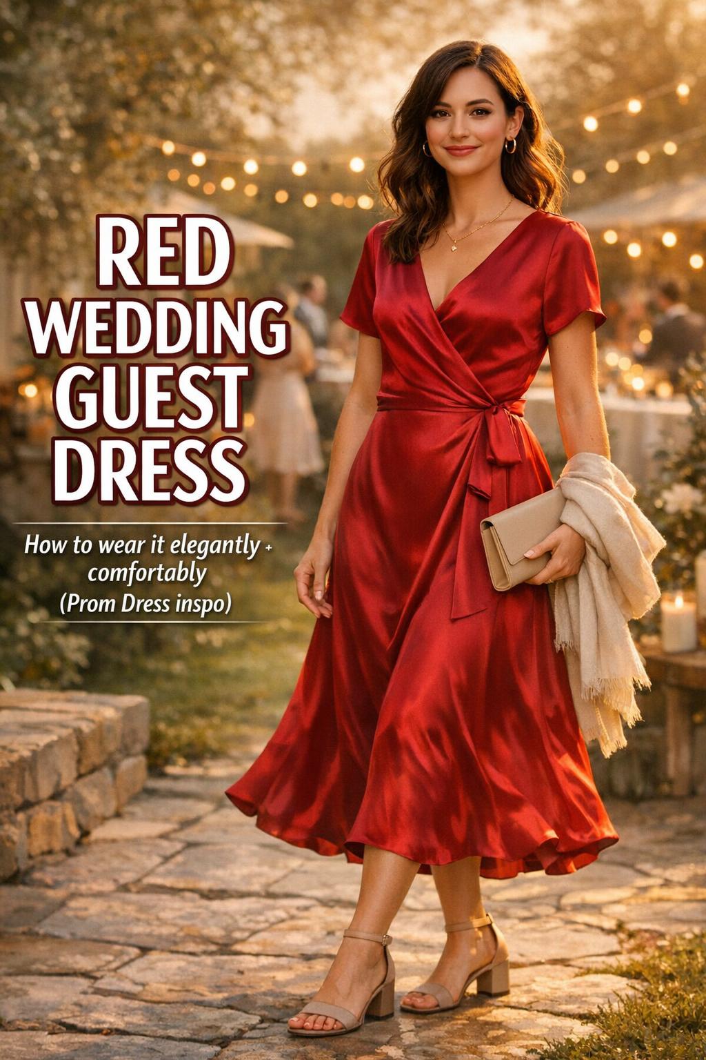 Wedding guest in a ruby red wedding guest dress holding a clutch at a golden-hour garden reception with text overlay