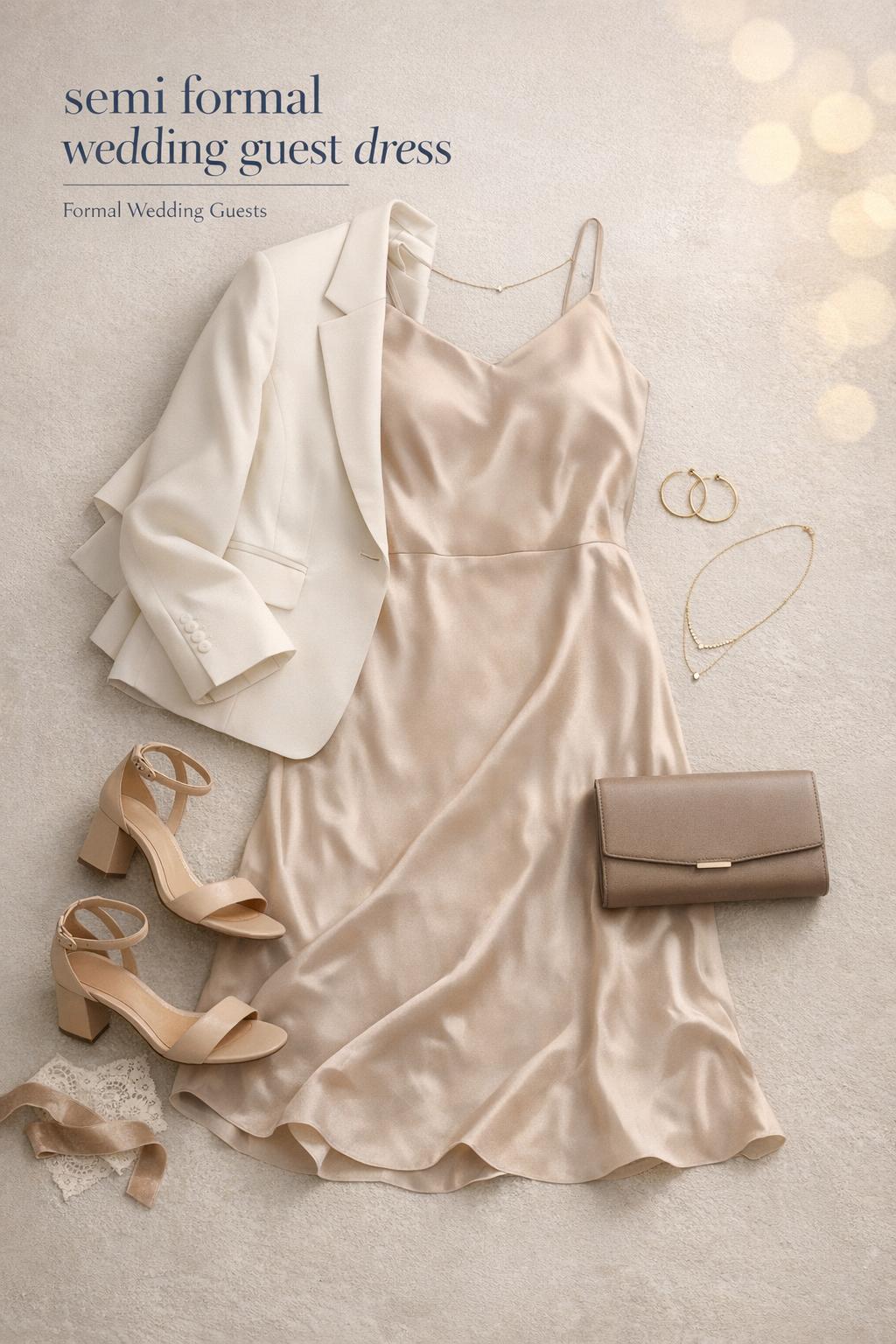 Semi formal wedding guest dress flat lay with midi satin dress, blazer, heels, clutch, and delicate gold jewelry.