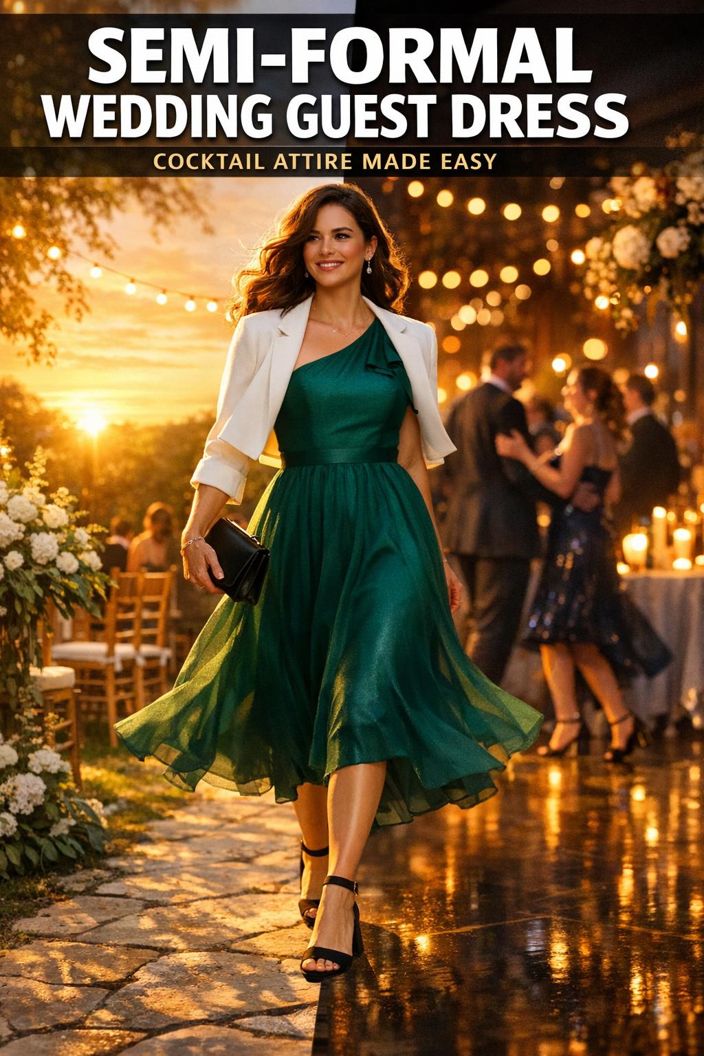 Semi formal wedding guest dress in a flattering silhouette, photographed for an elegant ceremony-ready look.