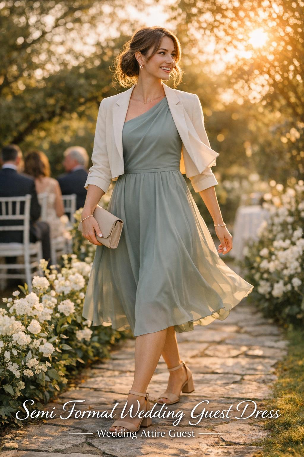 Semi formal wedding guest dress on stylish woman walking a garden wedding path at golden hour with white florals