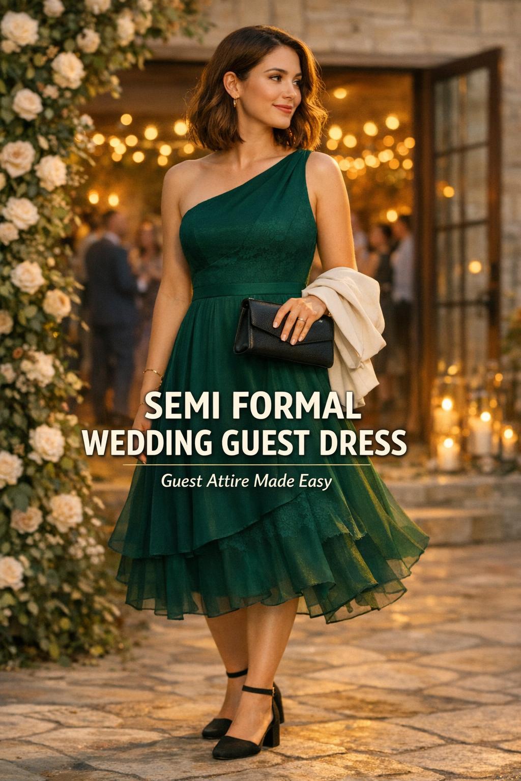 Semi formal wedding guest dress in jewel tone with clutch at golden-hour garden ceremony and candlelit reception doors