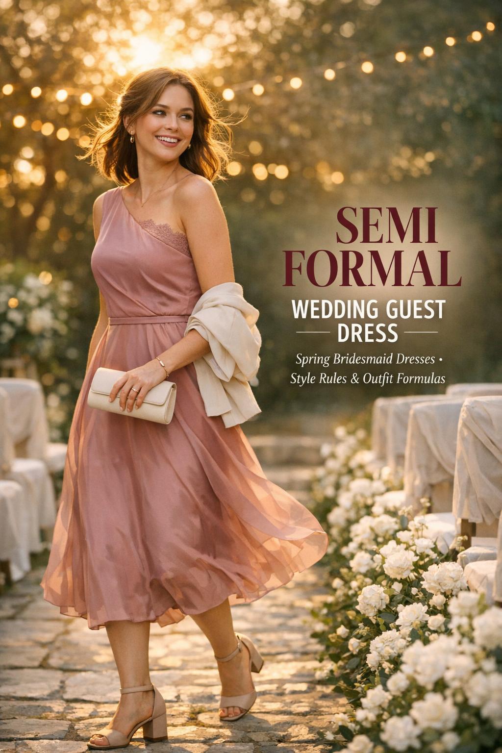 Semi formal wedding guest dress in sage satin, candid garden ceremony walk at golden hour with string lights and bokeh