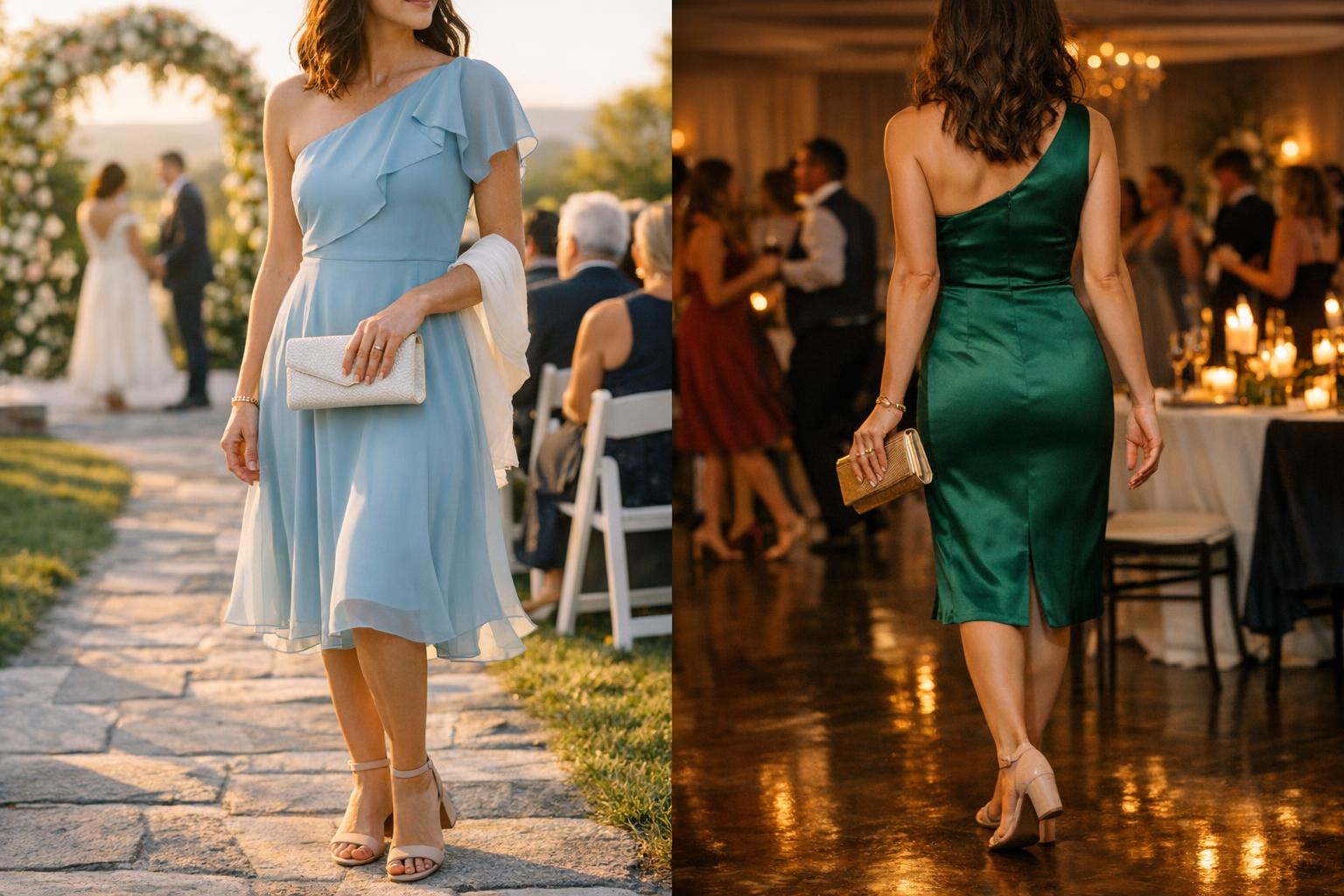 Semi formal wedding guest dress in satin midi style with elegant accessories, ideal for polished comfort at a wedding