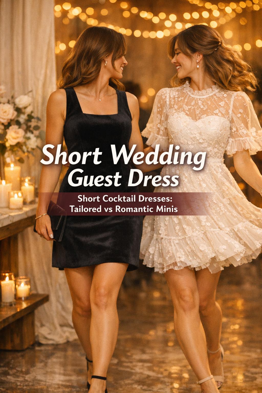 Short wedding guest dress styles in warm golden-hour venue, tailored mini and romantic embellished mini walking with bokeh lights