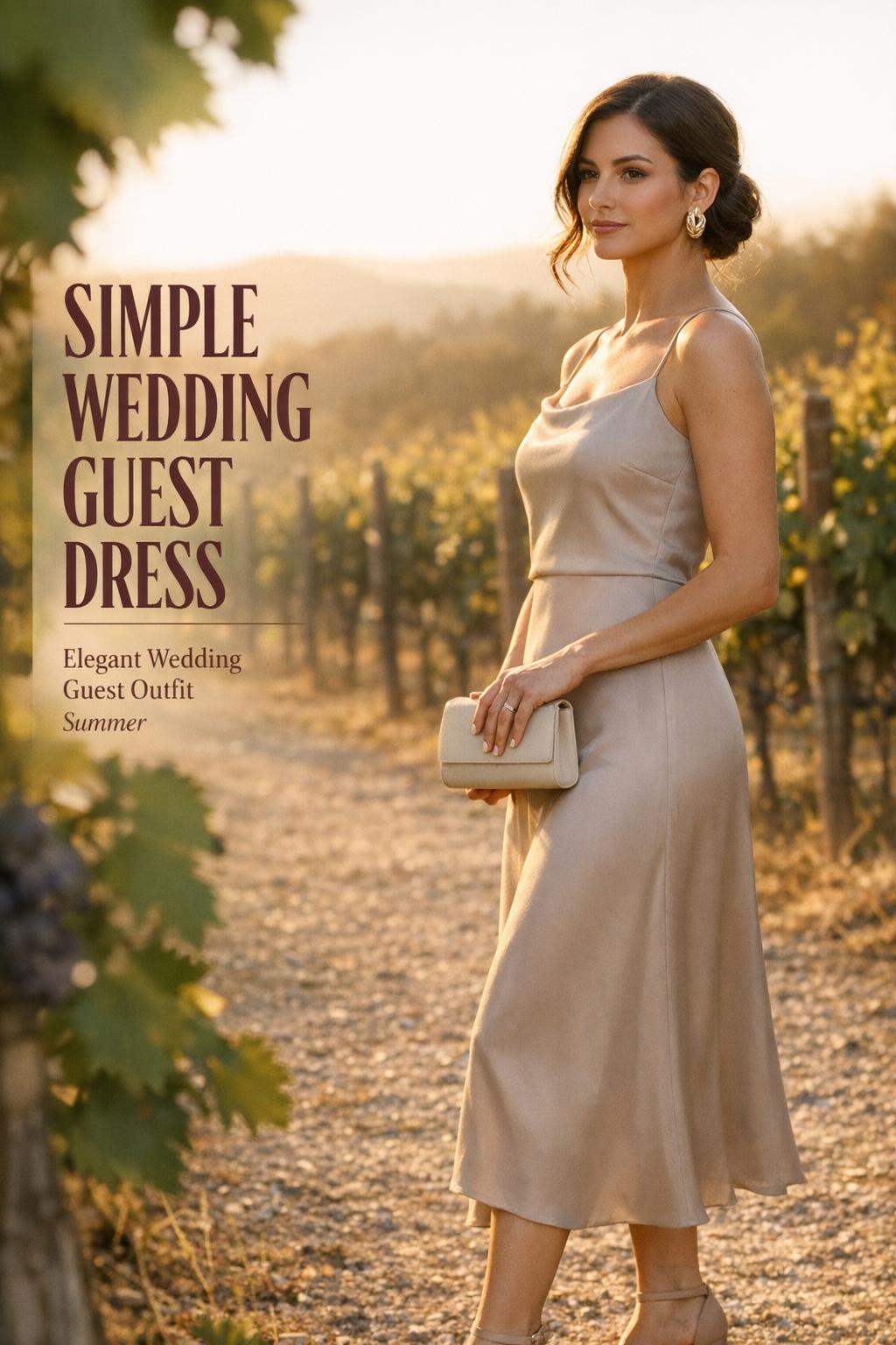 Simple wedding guest dress in champagne satin worn by a woman at golden hour in a vineyard reception with text overlay