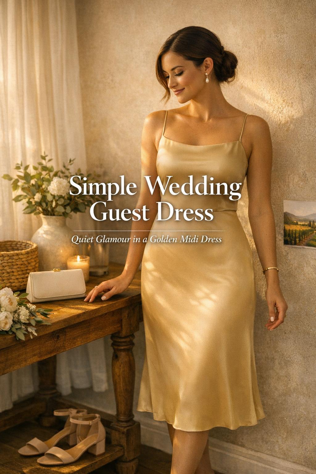 Simple wedding guest dress in golden satin midi, styled in warm golden-hour light at a wooden vanity with elegant accessories