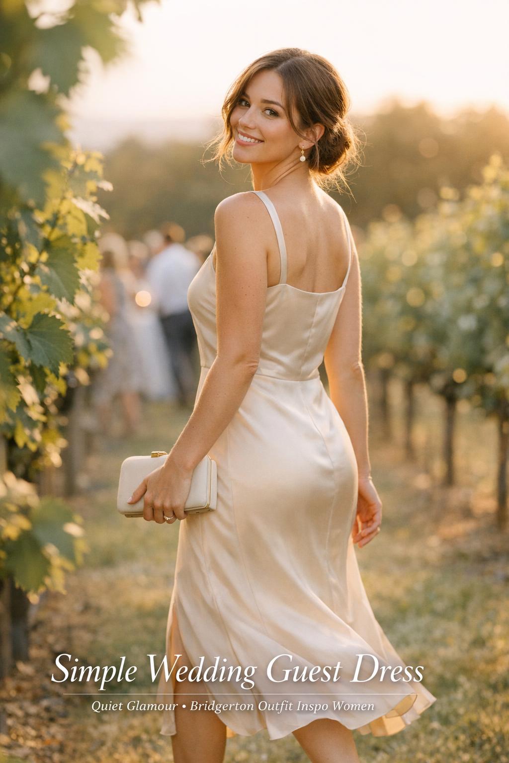 Woman in a simple wedding guest dress walking at golden-hour vineyard wedding, champagne satin midi dress with pearl earrings