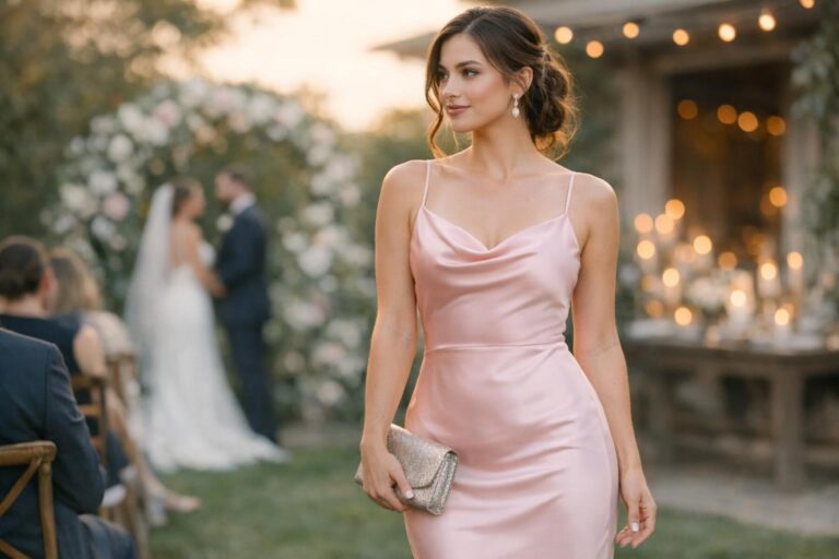 Spring cocktail dress wedding guest look in a pastel midi dress at a garden wedding reception