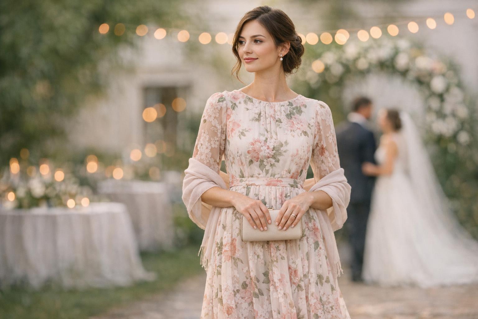 Modest wedding guest dress in blush chiffon with long sleeves at a romantic spring garden venue