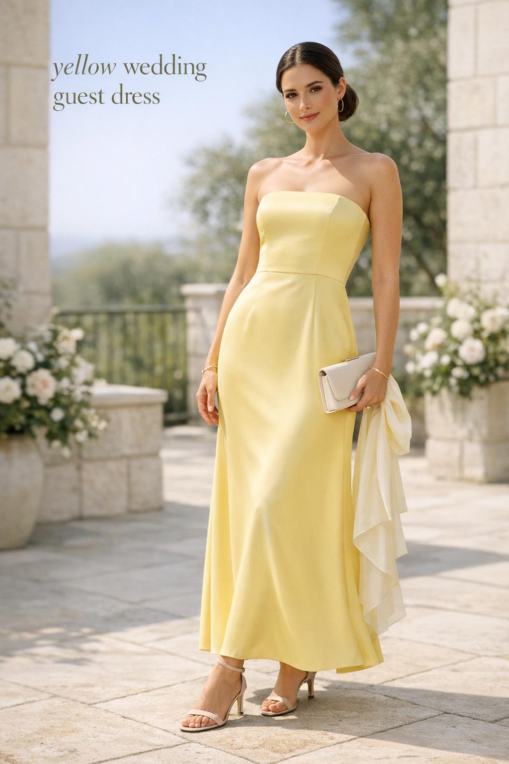 Chic model in a strapless butter-yellow satin maxi yellow wedding guest dress on a sunlit garden terrace