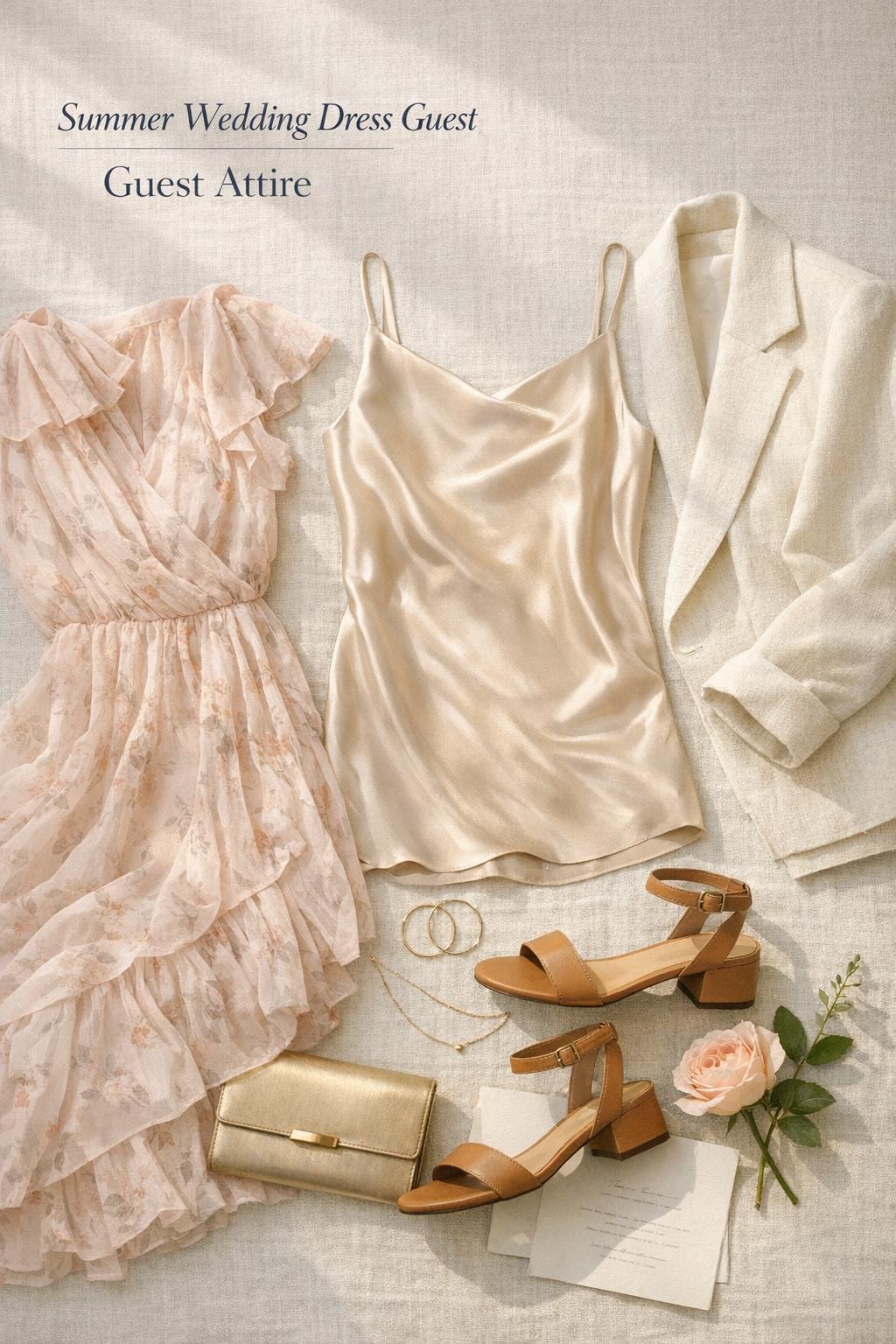 Summer wedding dress guest outfit flat lay with blush chiffon dress, champagne slip dress, ivory wrap and gold jewelry