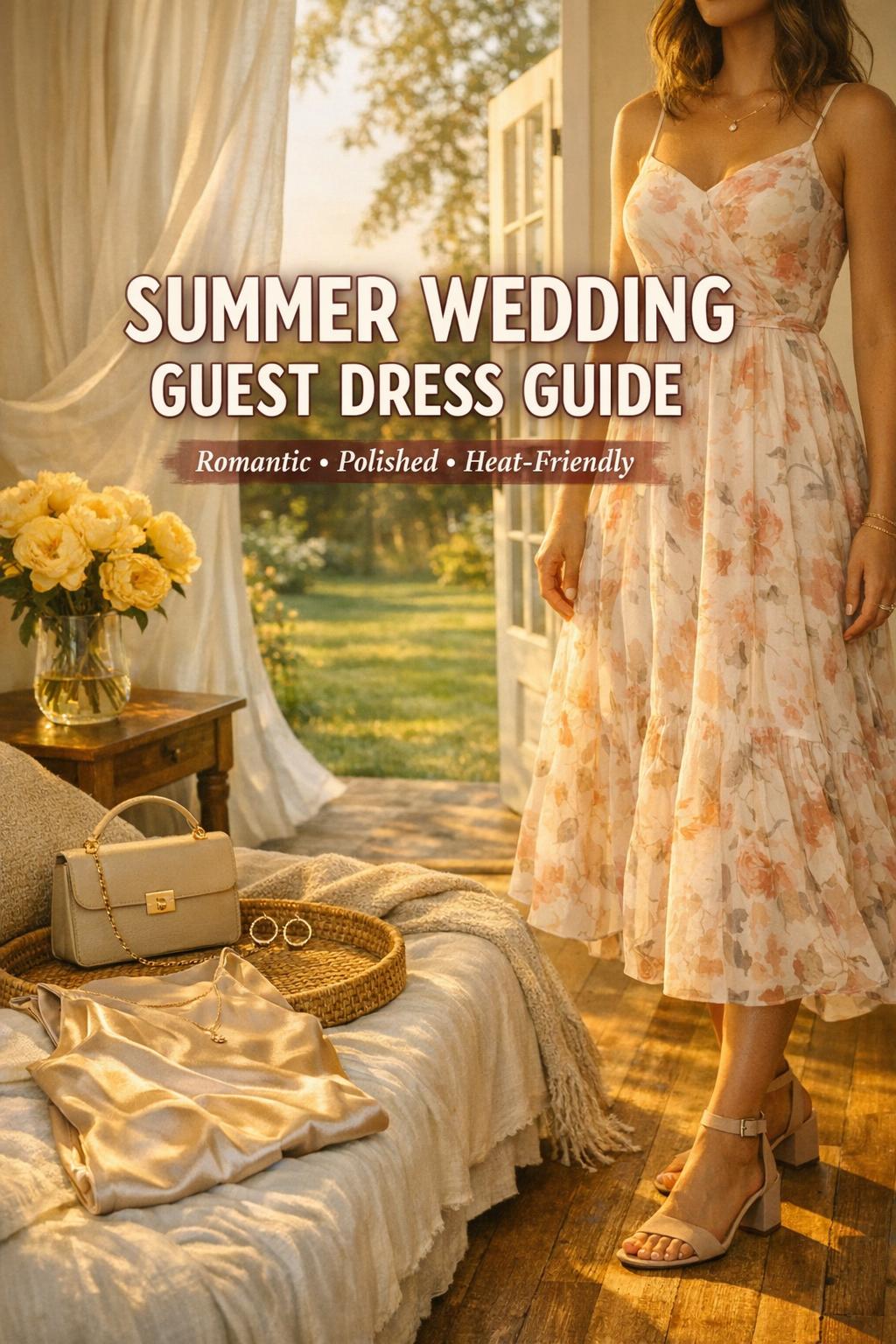 Summer wedding dress guest styling in golden-hour room with floral midi chiffon dress, sandals, satin slip option, and peonies